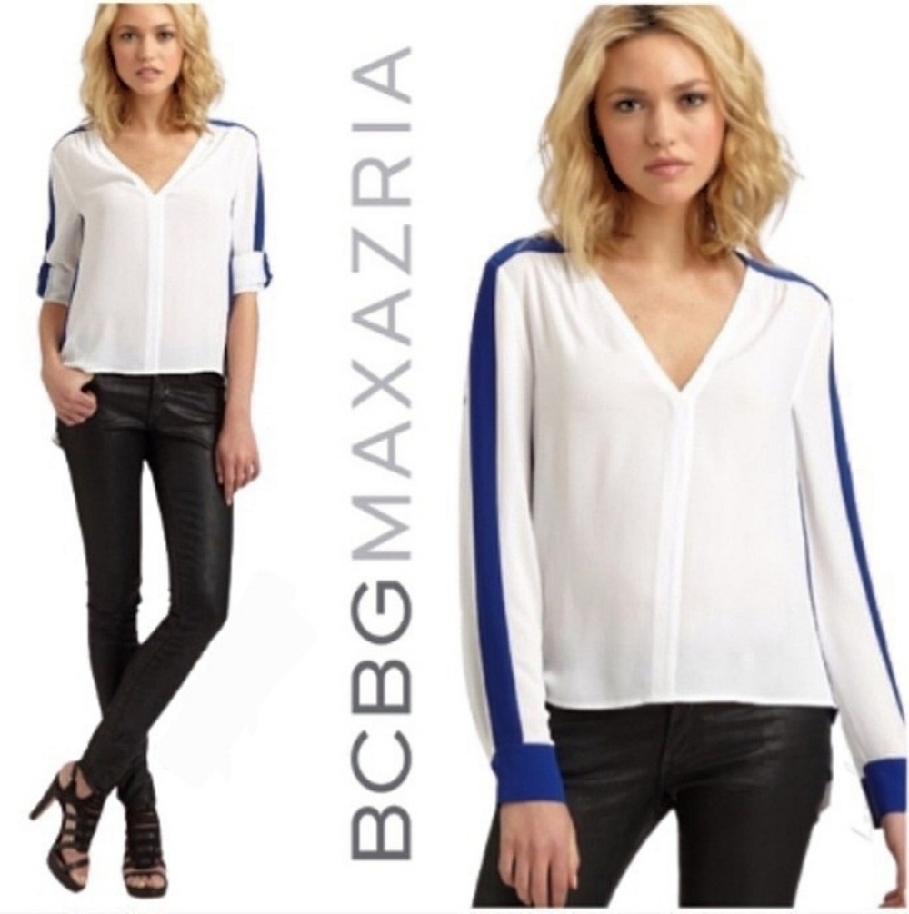 BCBGMAXAZRIA Alaine Contrast Yike V Neck Top Blouse - White / Blue